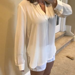 Loft Medium White Long Sleeve V-Neck Blouse
